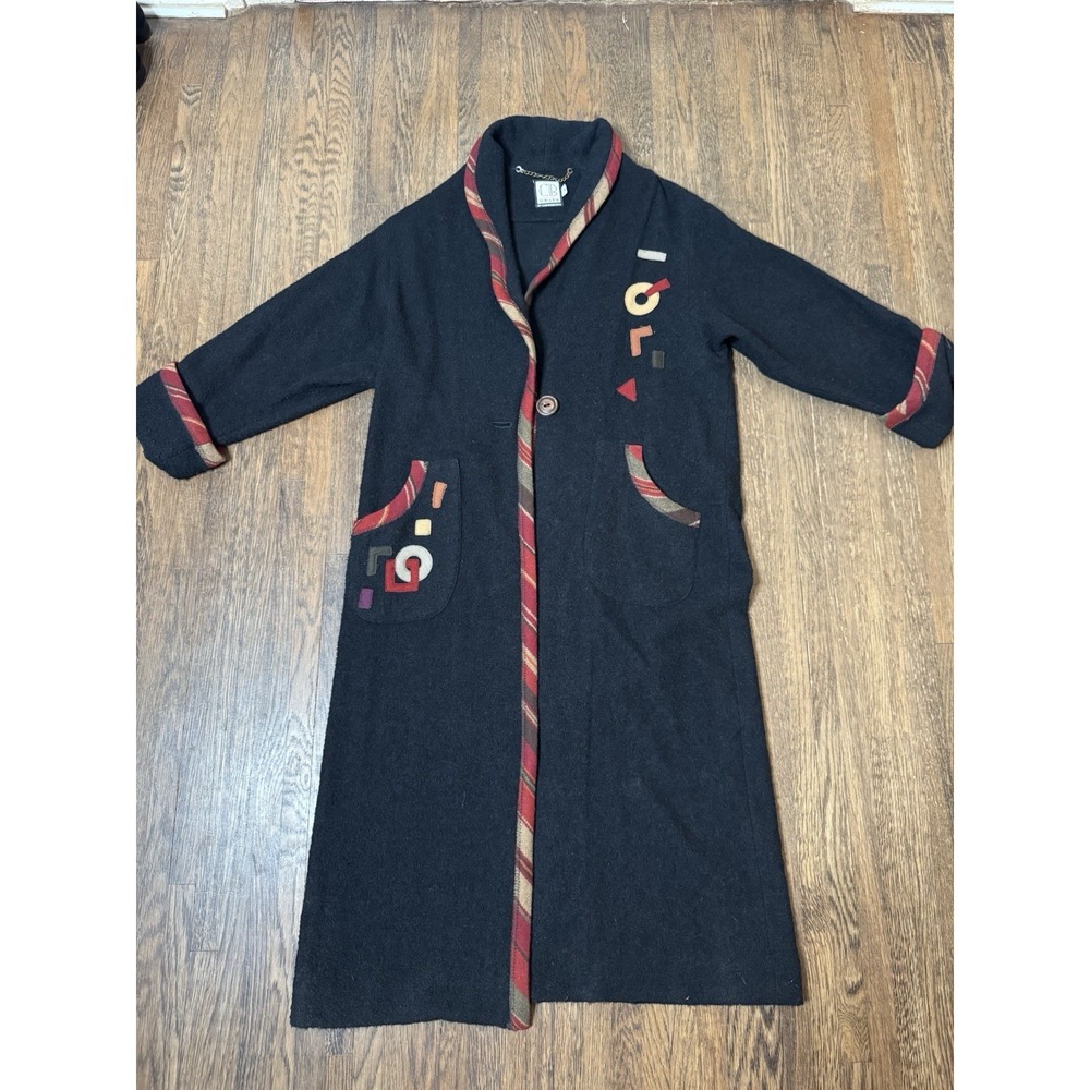 CB Wraps By Canvasbacks Vintage Wool Blend Geometric Appliqué Coat Black Size M